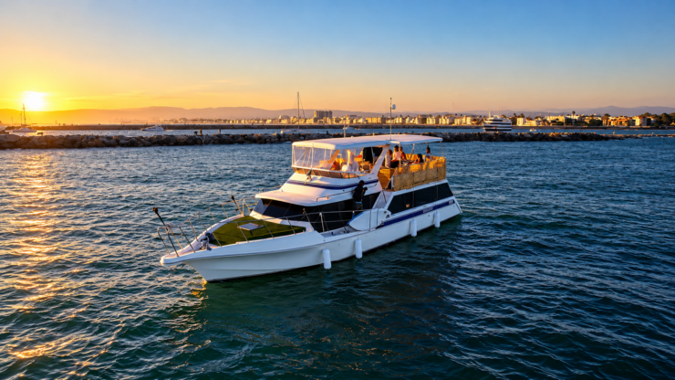 59ft tiki luxury yacht cruising near Marina del Rey at sunset