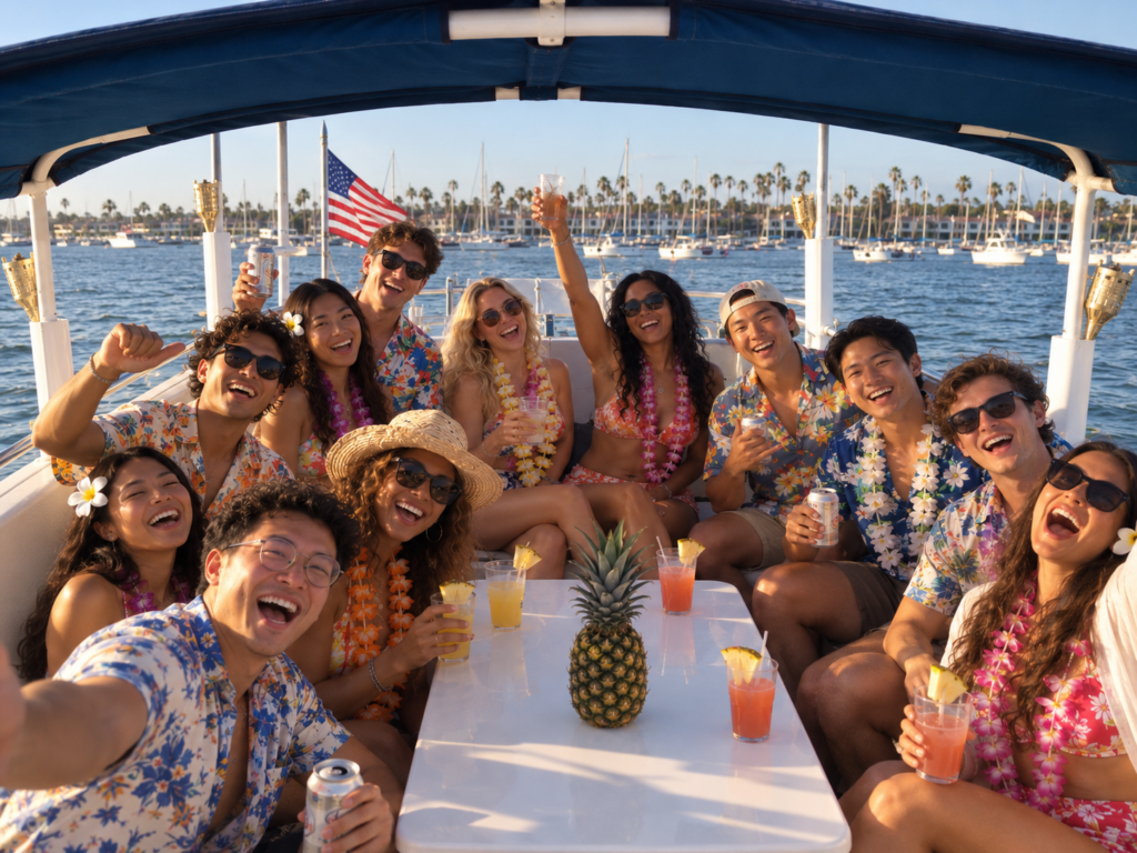 College students celebrating a Hawaiian-themed yacht party with tropical attire, leis, and drinks aboard a private yacht in Marina del Rey.