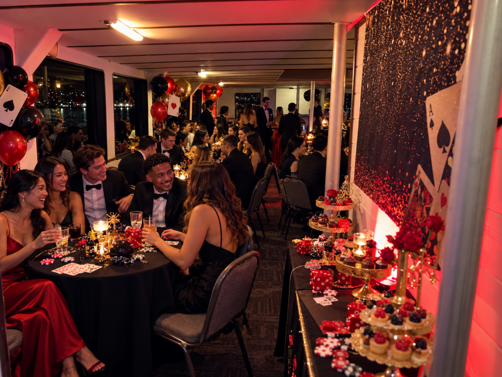 College students in formal attire enjoying a Casino Royale-themed yacht party with playing cards, elegant decorations, and waterfront views.