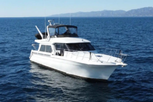 Lady M motor yacht photographed from above on the ocean near Los Angeles