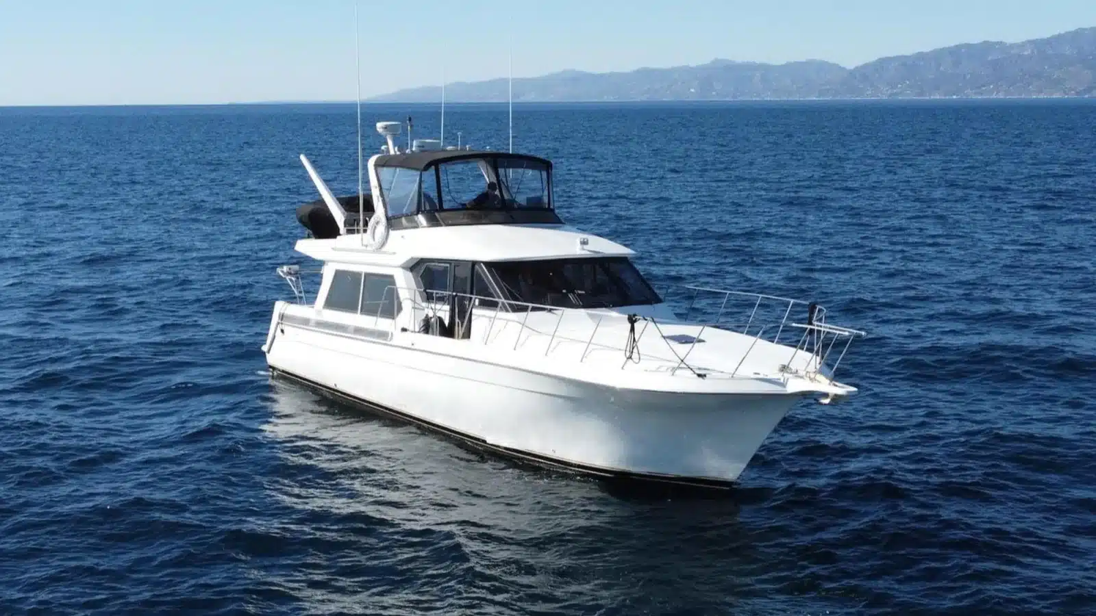 Lady M motor yacht photographed from above on the ocean near Los Angeles