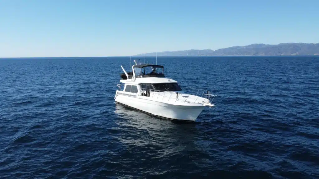 Lady M 50ft motor yacht cruising off the Los Angeles coast