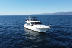 Lady M 50ft motor yacht cruising off the Los Angeles coast