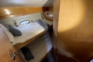 Bunk beds in a guest cabin aboard the Lady M motor yacht