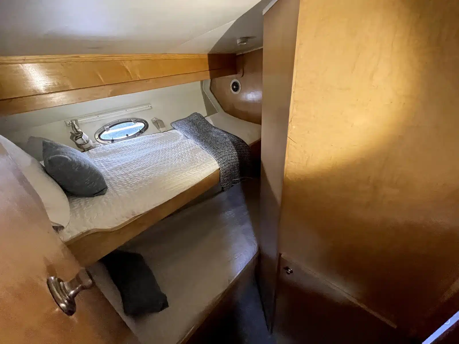 Bunk beds in a guest cabin aboard the Lady M motor yacht