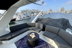 Outdoor seating area on the upper flybridge of Lady M