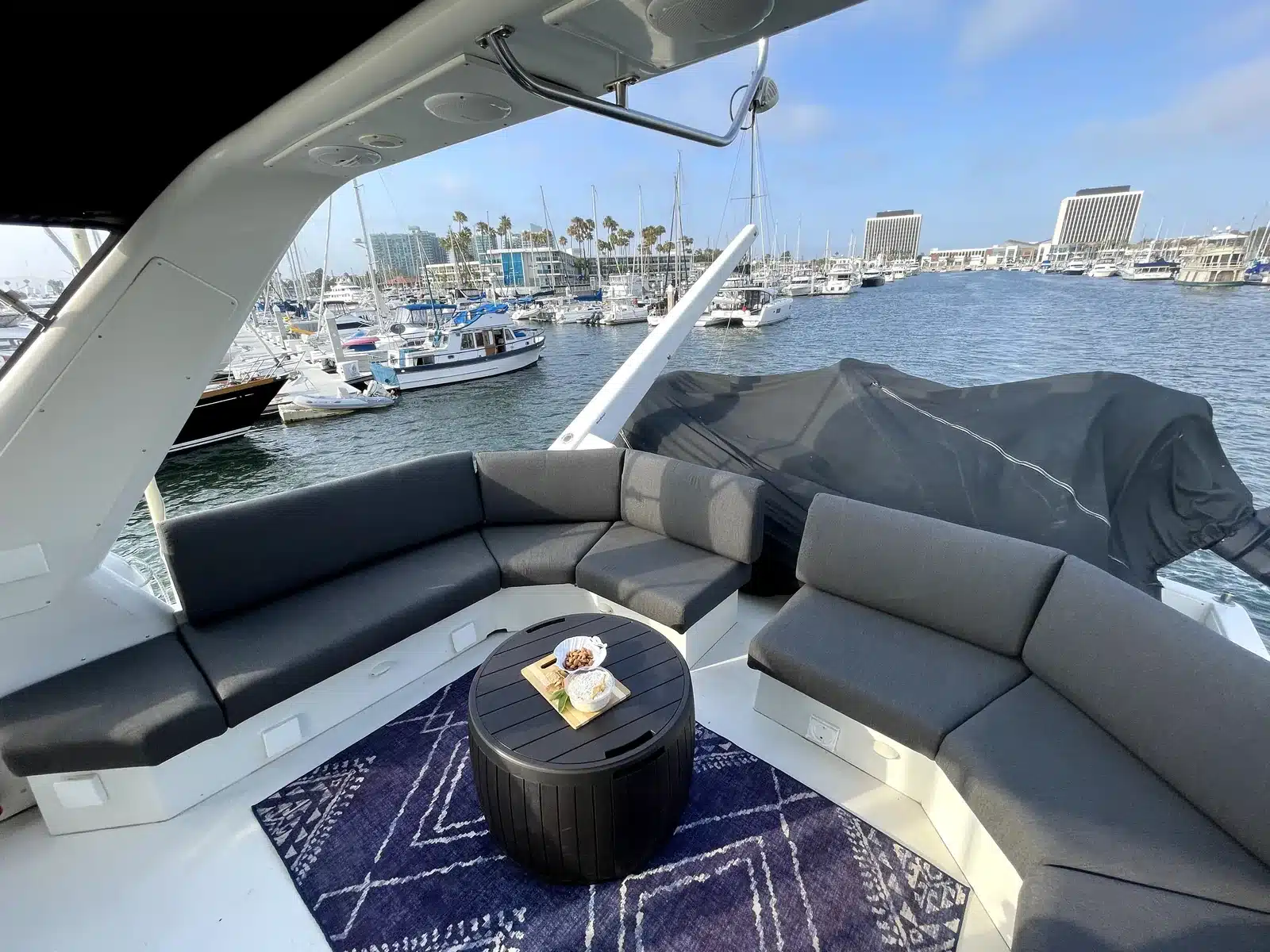 Outdoor seating area on the upper flybridge of Lady M