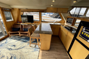 Kitchen and living area aboard the Lady M private yacht