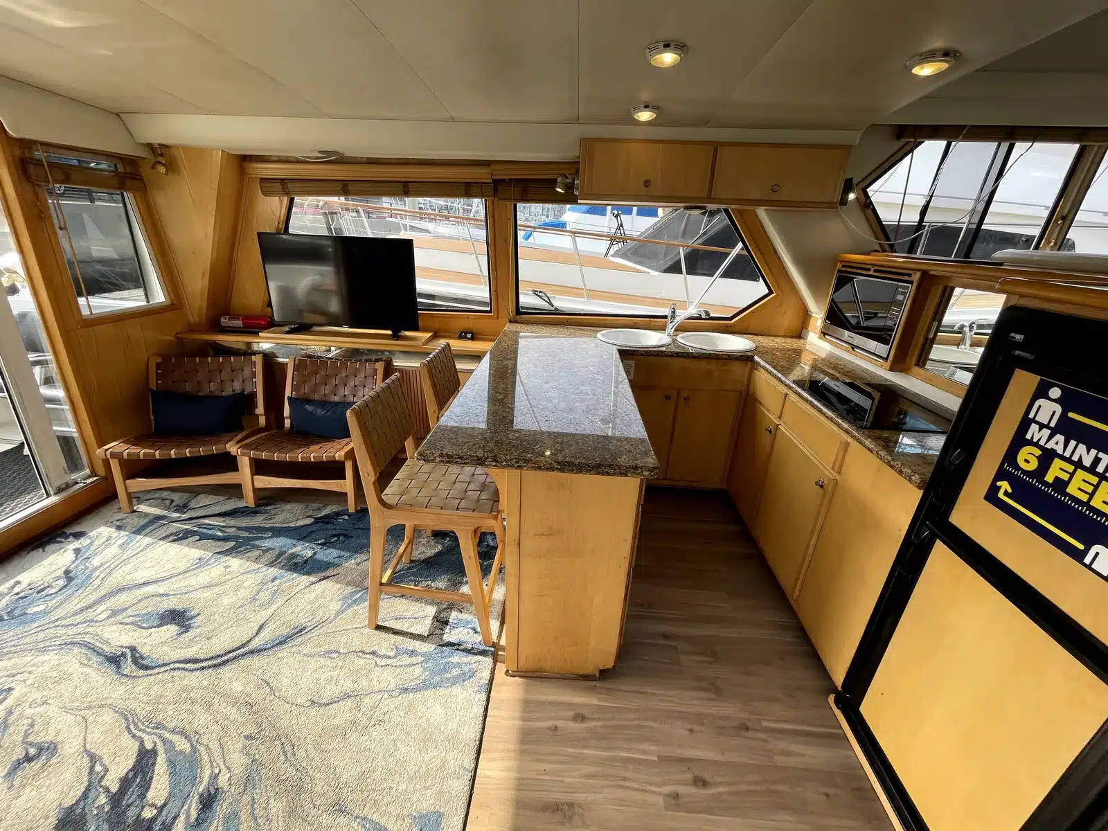 Kitchen and living area aboard the Lady M private yacht