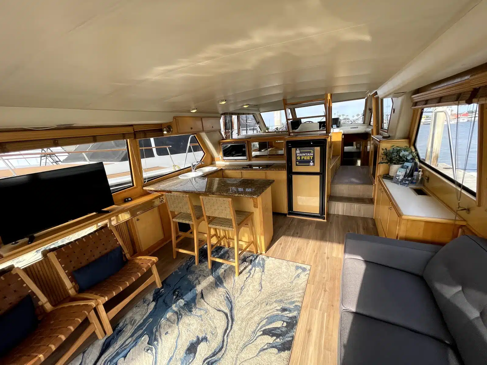 Main salon and indoor lounge seating aboard the Lady M yacht