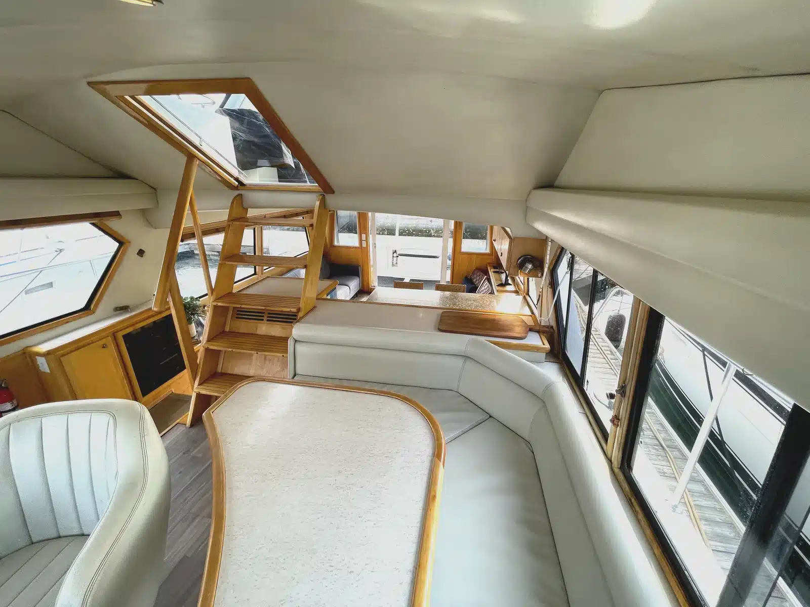 Dinette and seating area near the helm of the Lady M yacht