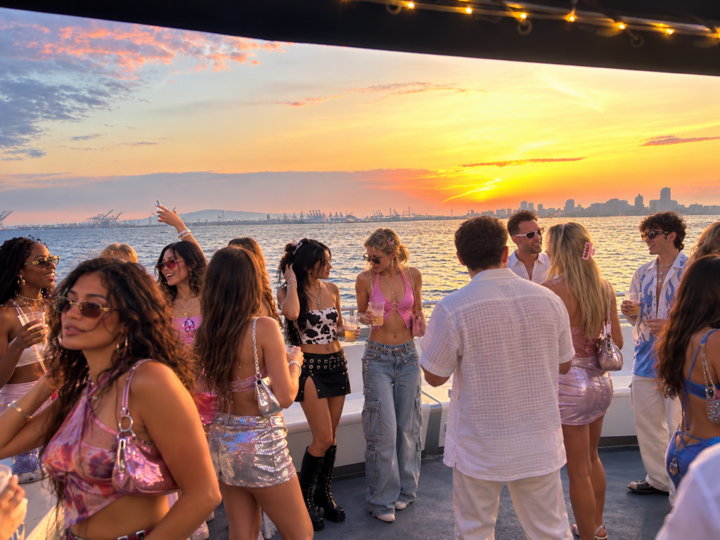 College students wearing Y2K-inspired outfits celebrating on a private yacht at sunset, with colorful skies and waterfront views.